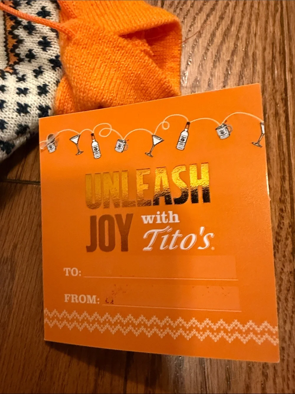 Tito's Orange & Cream Knit Hoodie Sweater bottle topper. A1